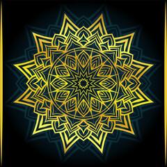 A black and gold poster with a gold design of a flower in the middle