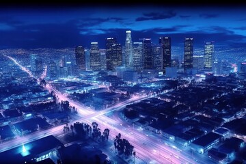 Los Angeles Downtown at Night, City Lights, Urban Landscape, Nightlife Energy, Generative AI