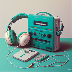 Headphones connected to the player and the radio, in the style of the 90s, turquoise and blue colors . vintage music, aquamarine. - Generative AI 