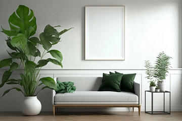 modern interior with empty picture frame on wall with couch and green plant, created with Generative AI
