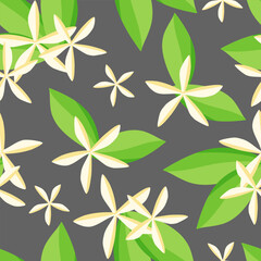 Seamless pattern of lemon flowers with leaves on a gray background. Vector illustration for wallpaper, wrapping, print.