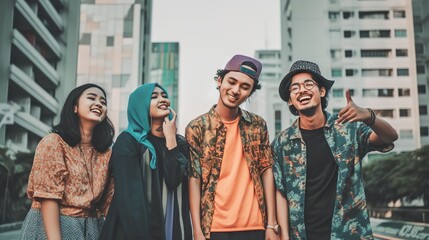 Portrait A group of Indonesian Generation Z in the City, Generative AI - obrazy, fototapety, plakaty