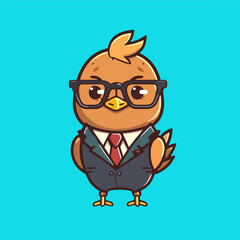 Cute mascot for a chicken wearing a uniform like a office worker and businessman, complete with a suit and tie, in a flat cartoon design. Suitable for advertising, presentations, books, and cards