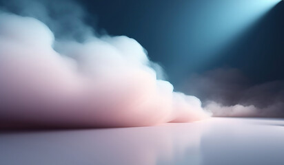 Beautiful abstract modern blue backdrop for a product presentation with a smooth floor and trailing pink smoke. AI generated.