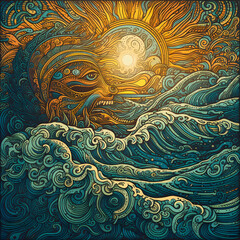 Illustration of sun over ocean waves, created with Generative AI technology.