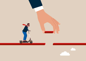Fototapeta premium Connect the bridge to help and support businessman on electric scooter to success, solution or assistance. Giant hand help connect missing piece the bridge for male to cross the gap. 