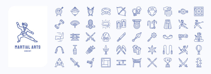 A collection sheet of outline icons for Martial arts and karate, including icons like Judo, Ninja, Sumo, Kick and more © Icongeek26
