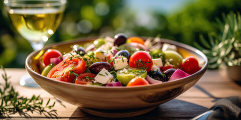 Greek salad, with ripe cherry tomatoes, cucumber, red onion, kalamata olives, and crumbled feta cheese, favorite summer meals, Generative AI