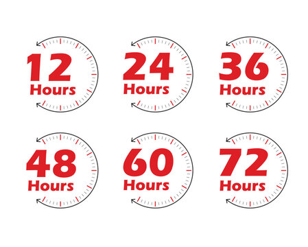 12, 24, 36, 48, 60, 72, Hours a day service icon symbol vector speed clock icon infographic tools