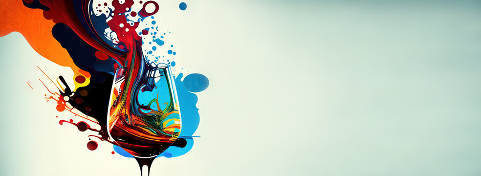 bright, colorful abstract banner with a glass of splashing wine. Generative AI