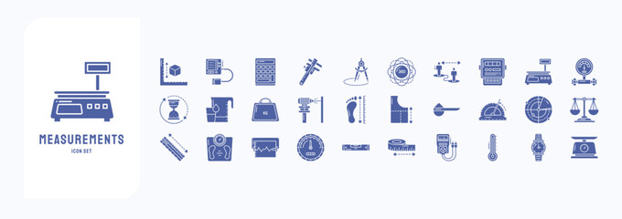 Fototapeta na wymiar A collection sheet of solid icons for Measurements, including icons like Calculator, Caliper, Compass, Degree and more