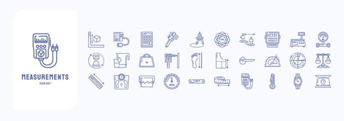 A collection sheet of outline icons for Measurements, including icons like Calculator, Caliper, Compass, Degree and more