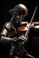 Robot playing violin. Ai with a musical instrument. Futuristic concept technology generative ai.