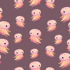Pattern of cartoon monsters illustration sprite flat style. Happy and funny sea octopus monster swimming and looking on light blue background. Vector illustration for children