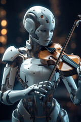Fototapeta premium Robot playing violin. Ai with a musical instrument. Futuristic concept technology generative ai.