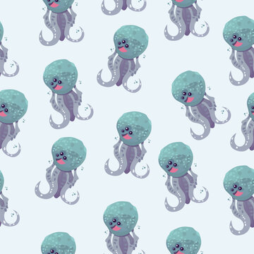 Pattern of cartoon monsters illustration sprite flat style. Happy and funny sea octopus monster swimming and looking on light blue background. Vector illustration for children