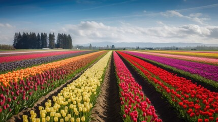 Endless Colorful Vibrant Tulip Field with Blue Skies and Puffy Clouds A Spring Landscape