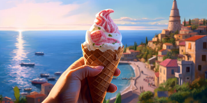 classic Italian gelato cone, with scoops of rich, creamy ice cream, favorite summer meals and drinks, Generative AI