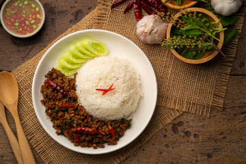 Cooked rice and Thai Basil Minced beef,Stir fired ground beef with garlic and basil leaf in chilli sauce (Pad Kra pao).Top view