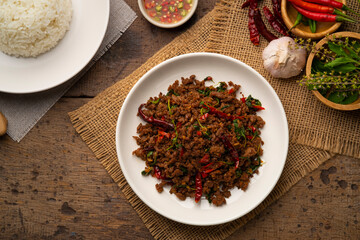 Thai Basil Minced beef,Stir fired ground beef with garlic and basil leaf in chilli sauce (Pad Kra pao).Top view