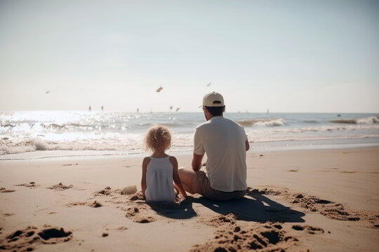 Fathers day. Parent with his little kid playing on a sandy beach, by the sea, summer vacation. Generative AI