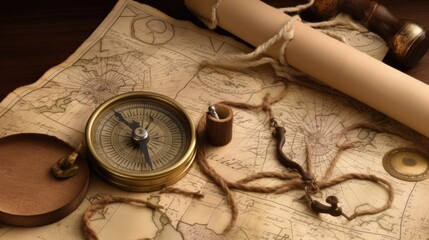Fototapeta na wymiar Aged treasure map, ruler, rope and old brass compass ,still life Generative AI
