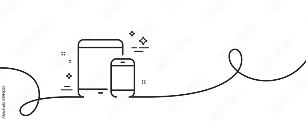 Poster mobile devices icon. continuous one line with curl. smartphone and tablet pc signs. touchscreen gadg