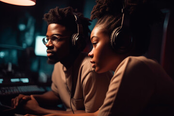 Fototapeta na wymiar Young Afro-Americans with headphones in studio. generative ai