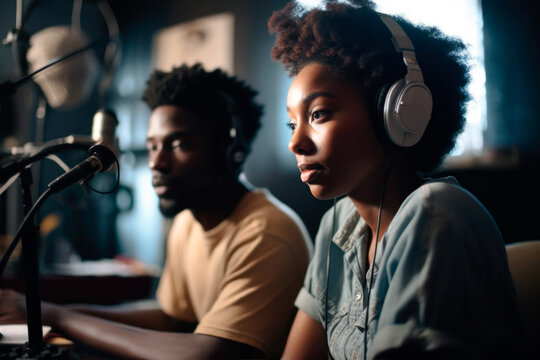 African American youth with headphones listening to music in studio. generative ai