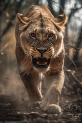Plakat Wild lion roaring aggressively. Jungle forest savannah running generative ai