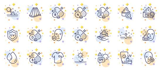 Outline set of Face cream, Problem skin and Sunscreen line icons for web app. Include Skirt, Vitamin h, Vitamin d pictogram icons. Collagen skin, Uv protection, T-shirt signs. Vector