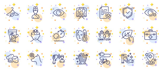 Outline set of Hospital, Stress and Slow fashion line icons for web app. Include Doctor, Washing hands, Shield pictogram icons. Electric bike, Fever, Veterinary clinic signs. Vector