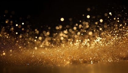 Golden flying glitter on black background