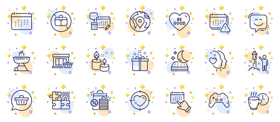 Fototapeta na wymiar Outline set of Notification, Calendar and Puzzle game line icons for web app. Include Mattress, Shopping cart, Aroma candle pictogram icons. Special offer, Account, Grill signs. Vector