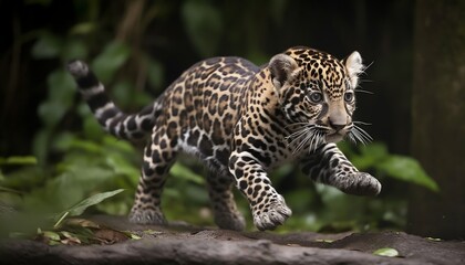 Fototapeta na wymiar Baby Jaguar Jumping on a Branch in a Jungle Generative AI