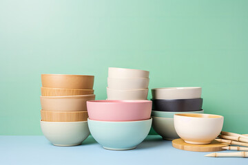 Sustainable bamboo natural plates and bowls. Generative ai