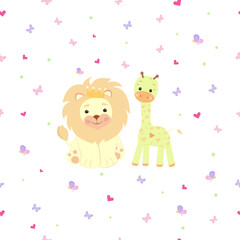 Seamless pattern with a giraffe and lion with hearts and butterflies,  blue, pink, for babe