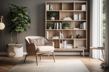 Fototapeta na wymiar Cozy Scandinavian Living Room with Bookshelf and Armchair