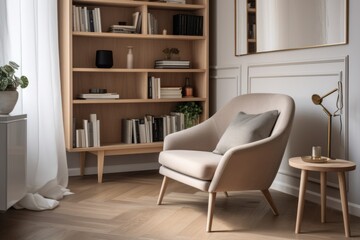 Cozy Scandinavian Living Room with Bookshelf and Armchair