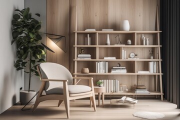 Cozy Scandinavian Living Room with Bookshelf and Armchair
