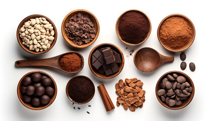 Indulge in the rich and decadent world of chocolate with this set of chocolate ingredients in wooden bowls. The set includes cocoa beans, chocolate mass, cocoa powder, and chocolate bars.