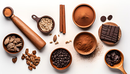 Indulge in the rich and decadent world of chocolate with this set of chocolate ingredients in wooden bowls. The set includes cocoa beans, chocolate mass, cocoa powder, and chocolate bars.