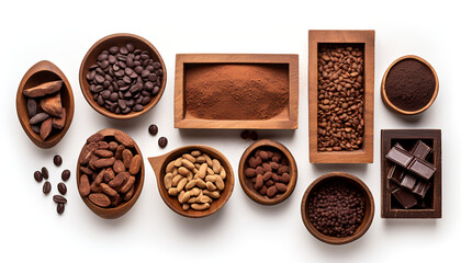 Indulge in the rich and decadent world of chocolate with this set of chocolate ingredients in wooden bowls. The set includes cocoa beans, chocolate mass, cocoa powder, and chocolate bars.