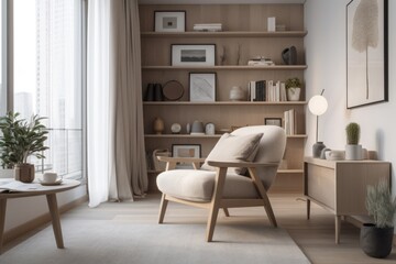 Cozy Scandinavian Living Room with Bookshelf and Armchair