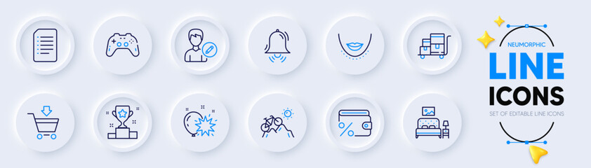 Obraz na płótnie Canvas Balloon dart, Online market and Document line icons for web app. Pack of Winner cup, Clock bell, Edit person pictogram icons. Furniture, Inventory cart, Chin signs. Gamepad. Neumorphic buttons. Vector