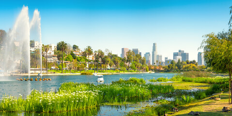 the beautiful echo park of los angeles with the skyline in the background
