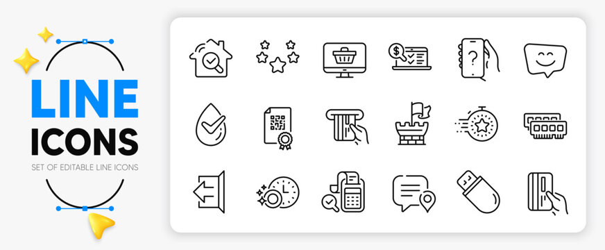 Stars, Bill accounting and Ram line icons set for app include Dermatologically tested, Smile face, Shield outline thin icon. Usb stick, Ask question, Credit card pictogram icon. Sign out. Vector