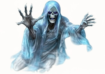 Scary ghost with blue zombie hands will create fear on your Halloween night.In front of a clear background in a cartoon style 3D design.A kind of depiction of the Day of the Dead holiday.AI generated