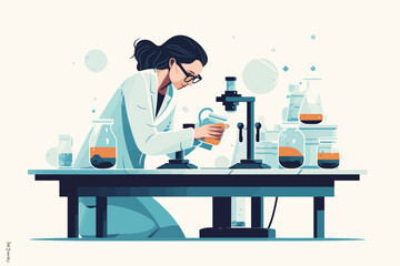 Scientist woman in lab coat and glasses making experiment in chemical laboratory. Vector illustration