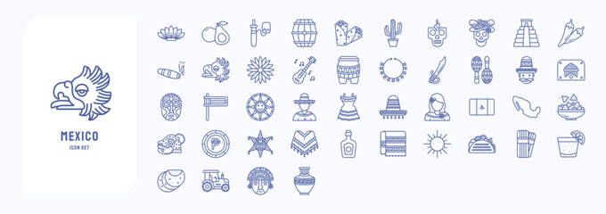 A collection sheet of outline icons for Mexico national and culture, including icons like Agave, Avocado, Barrel, Burrito and more